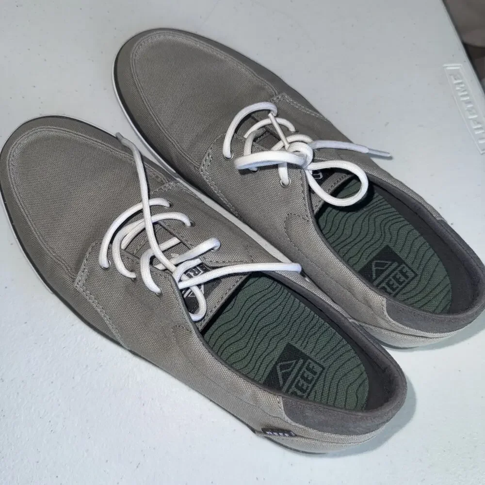 Reef Deckhand 3 Boat Shoes Mens 9 Gray Canvas Lace Up Casual Comfort Sneakers